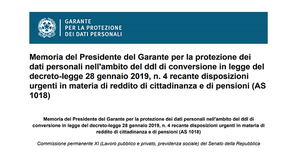 Reddito di cittadinanza e privacy, l'Autorità Garante: rilevanti criticità