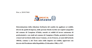 Redditi Campione d'Italia: fissata al 30% la riduzione forfettaria 