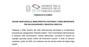 Direttiva UE copyright, Agcom: passo verso la tutela dell'industria creativa