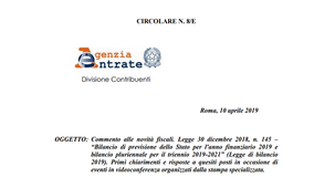 Legge di Bilancio 2019 e novità fiscali: la circolare con i chiarimenti delle Entrate
