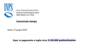 Quattordicesima pensioni 2019: comunicato stampa INPS