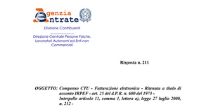 CTU, quando inserire la ritenuta d'acconto Irpef nella fattura elettronica? 