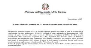 Entrate tributarie, nel primo semestre 2019 gettito fiscale di oltre 200 miliardi