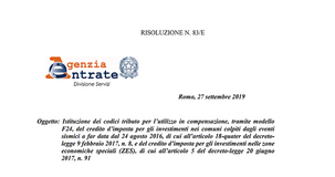 Credito di imposta per investimenti in ZES e comuni del Sisma 2016: pronto il codice tributo