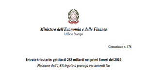 Entrate tributarie: gettito di 288 miliardi nei primi 8 mesi del 2019