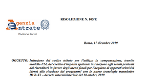 Bonus TV al via, pronto il codice tributo per il rimborso dello sconto