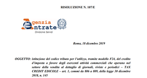 Tax credit edicole 2019, istituito il codice tributo da inserire nel modello F24