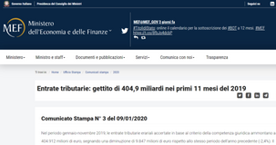 Entrate tributarie, 404,9 mld di gettito nei primi 11 mesi del 2019: il comunicato MEF