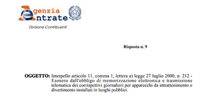 Corrispettivi telematici, esonero per gli apparecchi da intrattenimento