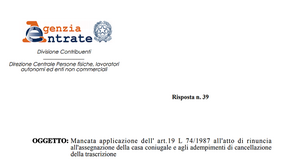 Divorzio e rinuncia alla casa coniugale: nessuno “sconto” sull'imposta di registro