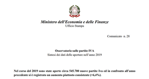 Partite IVA in crescita, 545.700 nate nel 2019: il motore è il regime forfettario
