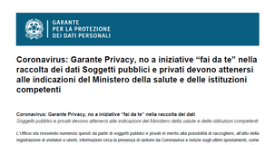 Coronavirus, il Garante della privacy: no ad iniziative fai da te di raccolta dati