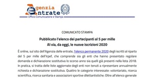 Iscrizione 5 per mille 2020: dall'Agenzia delle Entrate gli elenchi provvisori
