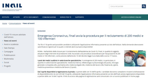 Coronavirus, assunzioni INAIL medici e infermieri: domanda dall'8 al 18 aprile