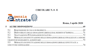 Donazioni coronavirus, DL Cura Italia: le istruzioni dell'Agenzia delle Entrate