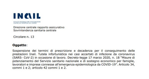 Sospensione scadenze INAIL fino al 1° giugno e chiarimenti sui contagi sul lavoro