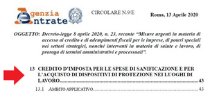 Credito di imposta del 50% per sanificazione, acquisto mascherine e dpi