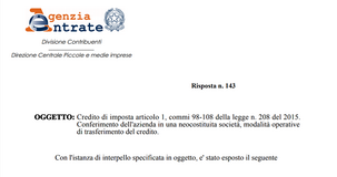 Conferimento d'azienda, trasferimento del credito di imposta Mezzogiorno senza rideterminazione