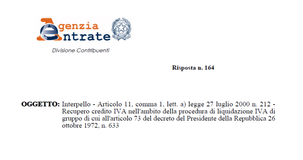 Credito IVA ripristinato, nella liquidazione di gruppo resta alla società controllante