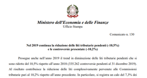 Liti tributarie pendenti e controversie, dati MEF: riduzione di oltre il 10% nel 2019