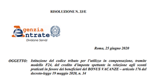Bonus vacanze: codice tributo F24 per compensazione e cessione dello sconto