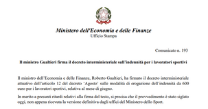 Bonus 600 euro di giugno destinato agli sportivi: firmato il Decreto MEF 