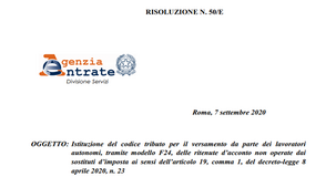 Ritenute sospese lavoratori autonomi, codice tributo ed istruzioni per il versamento dal 16 settembre 2020