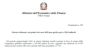 Entrate tributarie gennaio luglio 2020: 230,9 miliardi con oltre il 7% in meno