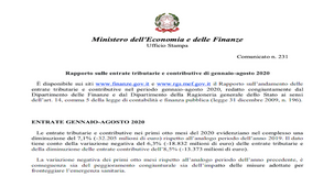 Entrate tributarie gennaio-agosto 2020: diminuzione del 7,1% rispetto allo stesso periodo del 2019