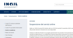 Servizi online INAIL: sospensione dal 30 ottobre al 3 novembre 2020