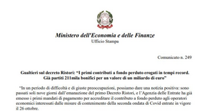 Decreto Ristori: accrediti contributi a fondo perduto entro martedì 10 novembre