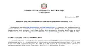 Entrate tributarie gennaio-settembre 2020: diminuzione del 6,7% rispetto al 2019