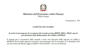 Proroga secondo acconto imposte, dichiarazione dei redditi e Irap, MEF: rinvio al 10 dicembre