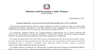 Entrate tributarie: nei primi 10 mesi dell'anno gettito pari a 337,3 miliardi