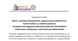 Pagamento contributi a fondo perduto, operazione completata: i dati delle Entrate