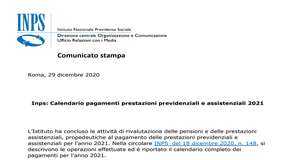 Pensioni e previdenza, dall'INPS il calendario dei pagamenti 2021