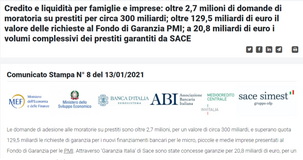 Moratoria prestiti, dati MEF: domande per 300 miliardi di euro