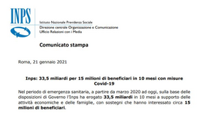 Bonus e misure Covid-19, INPS: 33,5 miliardi in 10 mesi per l'emergenza
