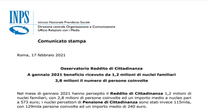Reddito di cittadinanza, dati INPS: a gennaio 2,8 milioni di beneficiari e picco al Sud