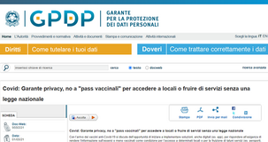 Passaporto vaccinale, Garante della Privacy: necessaria legge nazionale
