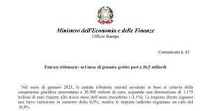 Entrate tributarie gennaio 2021: 36,5 miliardi di euro e un calo del 3 per cento