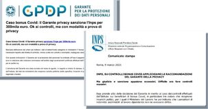 Bonus Covid, botta e risposta tra Garante della privacy e INPS: violazioni da 300.000 euro