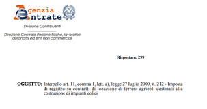 Imposta di registro pari allo 0,5 per cento per i terreni su cui costruire impianti eolici