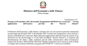 Proroga versamento Irap al 30 settembre 2021: comunicato ufficiale MEF