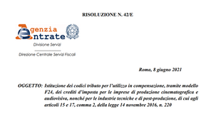 Tax credit cinema per adeguamento tecnologico e produzione di opere: il codice tributo