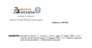 IRAP, l'agevolazione del decreto Rilancio non spetta alla società conferitaria