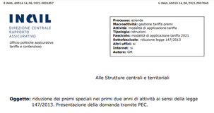 Riduzione premi INAIL 2021, servizio online non disponibile: domande tramite PEC