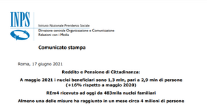 Reddito di cittadinanza maggio 2021, dati INPS: i beneficiari e gli importi