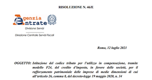 Bonus aumenti di capitale: istituito il codice tributo per utilizzare il credito di imposta