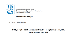 Entrate contributive INPS: a luglio 2021 quasi ai livelli del 2019